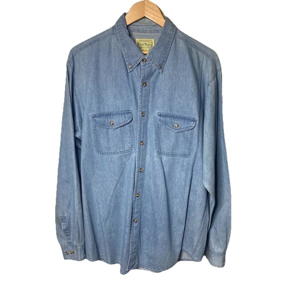 Vintage 90s Open Trails Mens Denim Shirt Medium Wash Long Sleeve XL